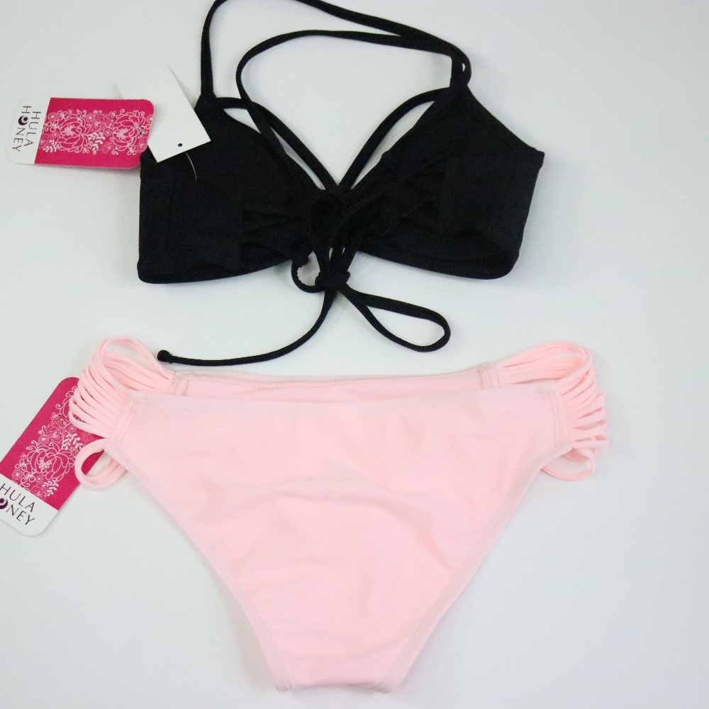 HULA HONEY 2pc Black & Pink Bikini Set - Small - NEW - Picture 2 of 5